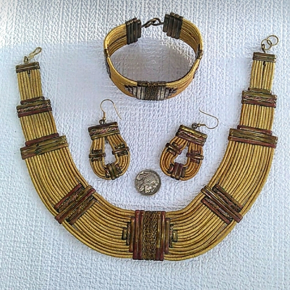 ❌️SOLD❌️ VINTAGE Boho Gold Gilt MultiCord MixedMetal Parure - Picture 7 of 16